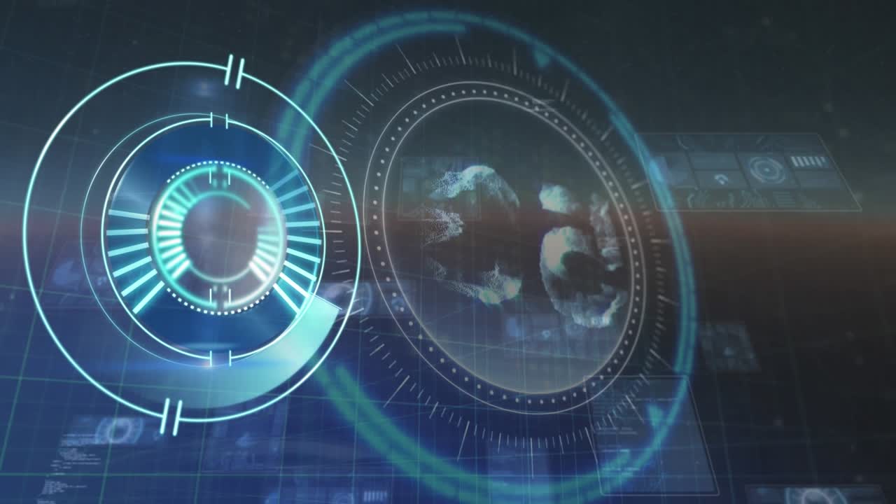 Animation of neon round scanner and data processing against sunset sky