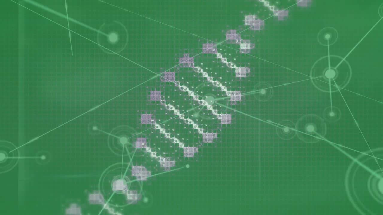 animación de giro de cadena de adn y red de conexiones con puntos en fondo verde.