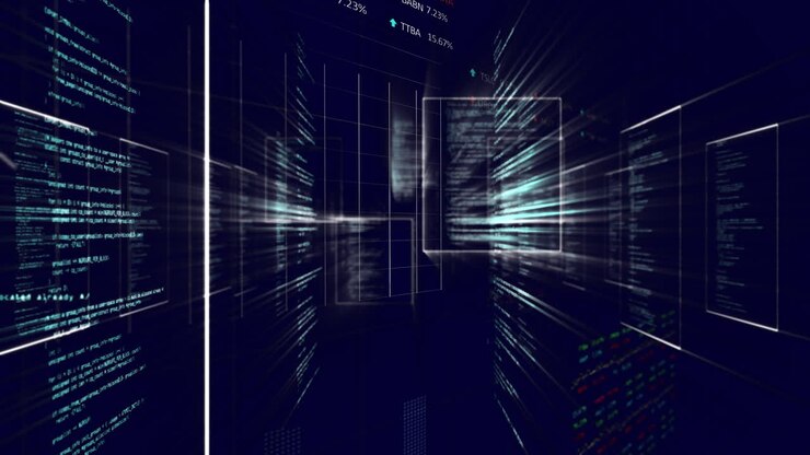 Digital data streams and code processing animation over dark background with graphs