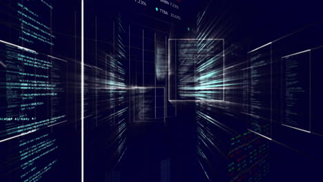 Digital data streams and code processing animation over dark background with graphs