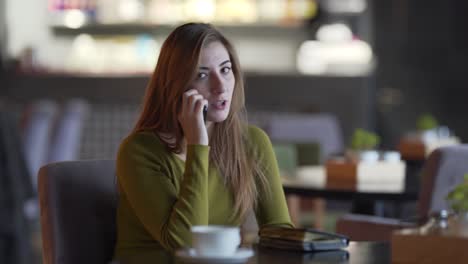 charming girl is sitting in a cafe indoors and talking on the phone