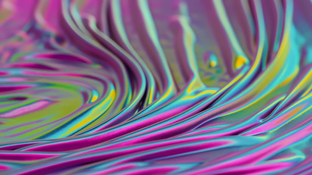 Onde di seta iridescente al neon che ondeggiano vivacemente su una superficie lucida, nastri di vernice magenta, ciano e giallo che si piegano.
