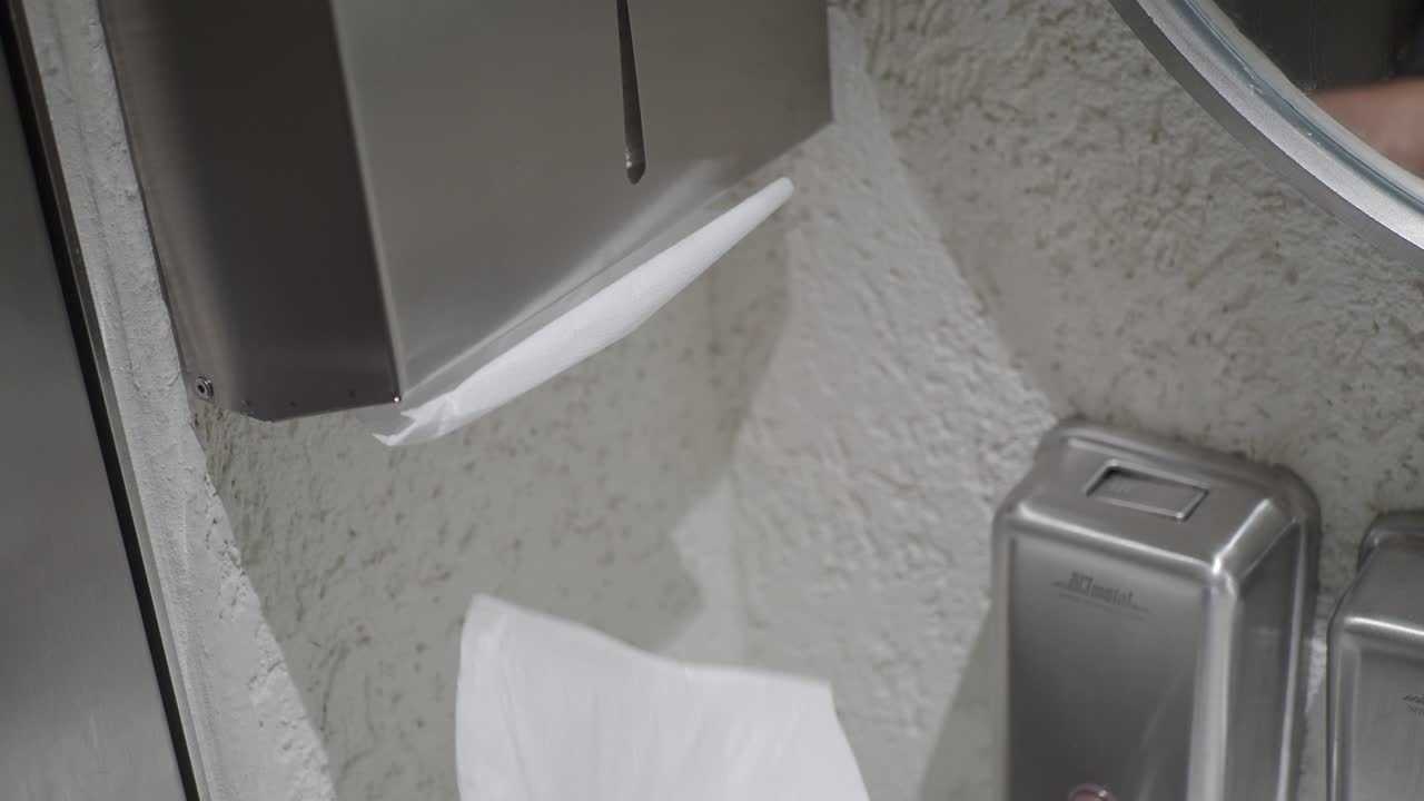 usando un dispensador de toallas de mano en un baño público