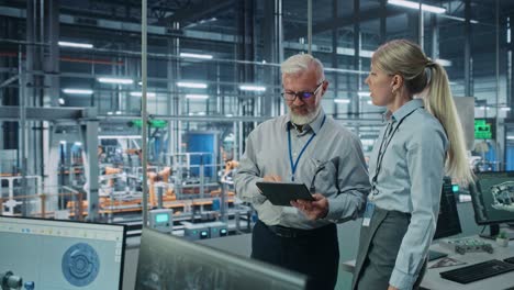car factory: female project manager talks to male automotive engineer, plan strategy using tablet computer. automated robot arm assembly line production conveyor manufacturing electric vehicles
