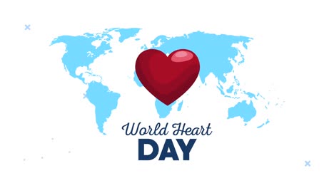 world heart day lettering animation with heart and earth planet