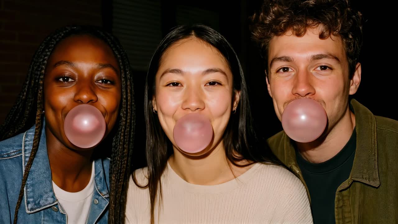 Close-up shot of three friends blowing bubble gum, captured at eye level The playful and candid
