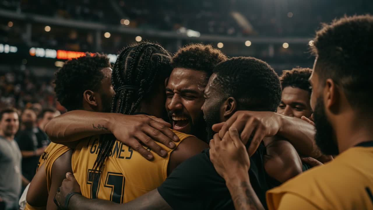 Celebrating Team Triumph: A Group of Players Embraces in Joyful Emotion After A Hard-Fought Victory, Capturing the Spirit of Unity and Achievement in Sports