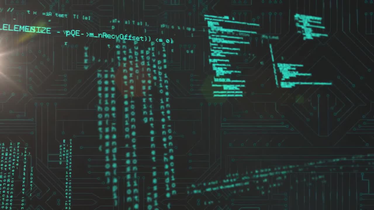 Digital animation of computer language moving against electronic circuit board patterns