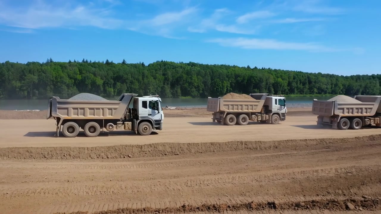 Side profile view shows three loaded dump trucks moving on wide graded dirt road beside calm water and dense forest, with gravel, sand, dust, heavy tires, and bright daylight, with dumptruck, gravel