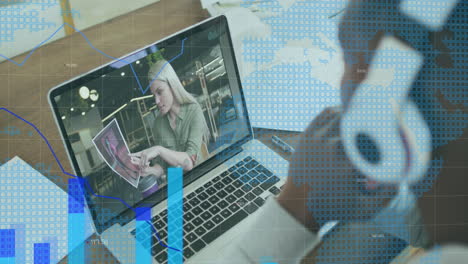 animation of financial data processing over diverse business people having video call