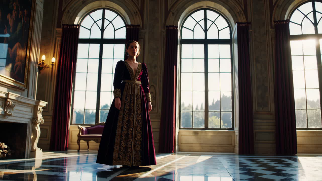 Woman in historical costume and ballet costume in a grand hall