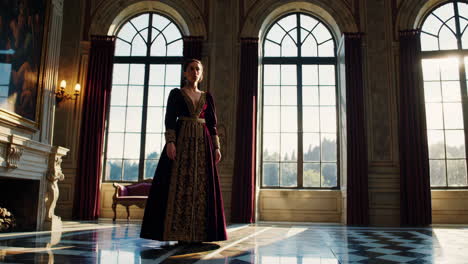 woman in historical costume and ballet costume in a grand hall