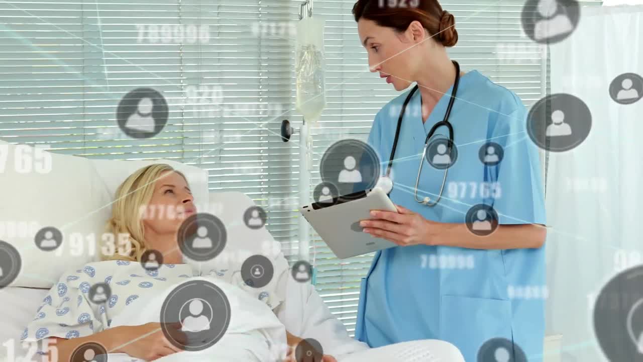 Animasjon av nettverk av forbindelser over kaukasisk kvinnelig lege med pasient
