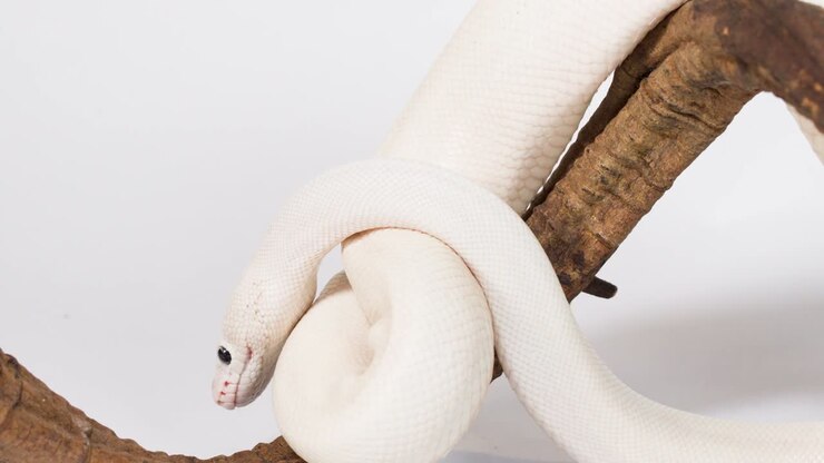 A leucistic white snake coils and explores a textured wooden branch against a white background