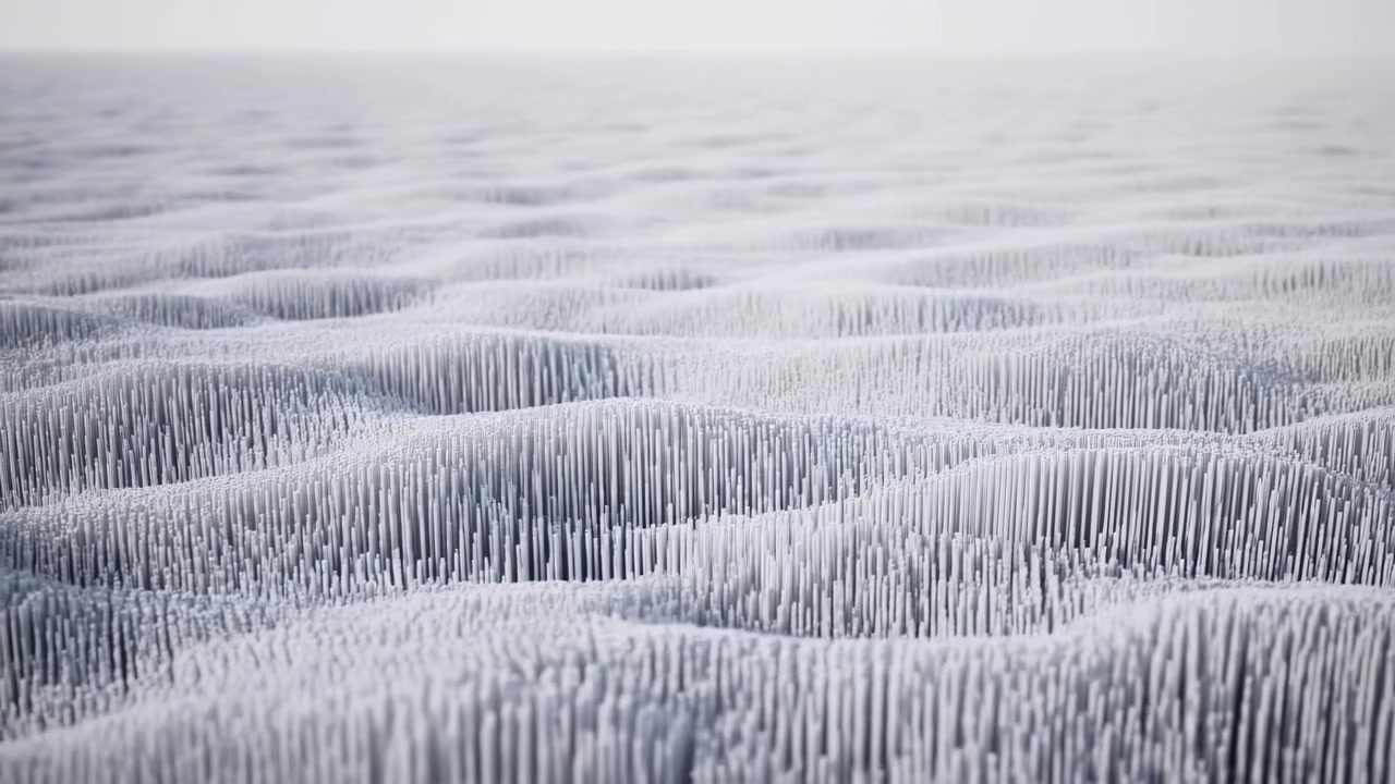 Pole hrotů pokryté mrazem a texturou, rozprostírající se k mlhavému horizontu v bledých monochromatických tónech, zvlněné.