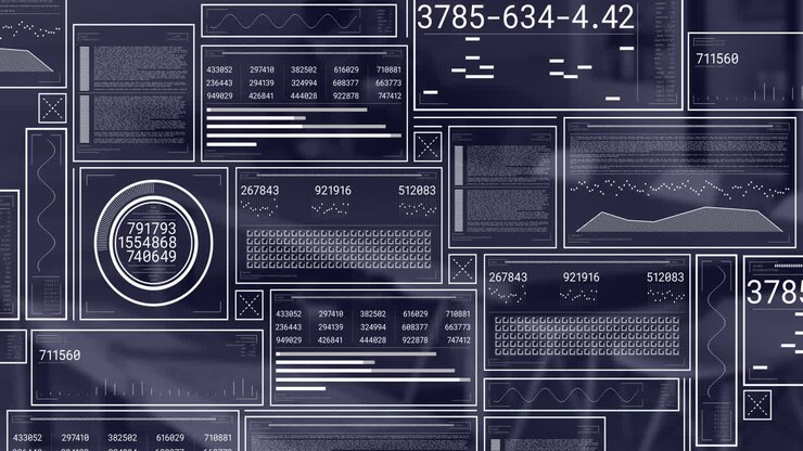 Animation of data processing and diagrams over empty office