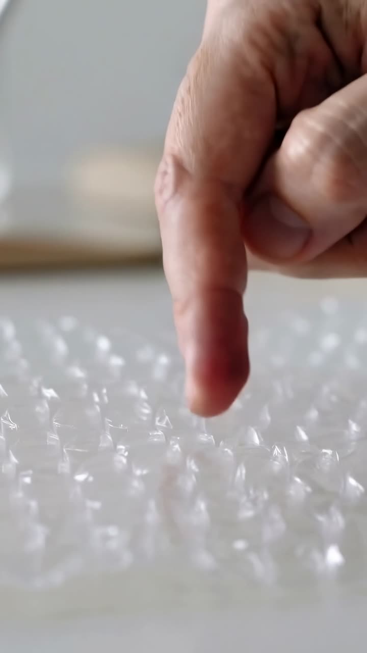 Video verticale: Mano sospesa che inizia a premere il pluriball su un tavolo, una tavola, con spazio per il testo