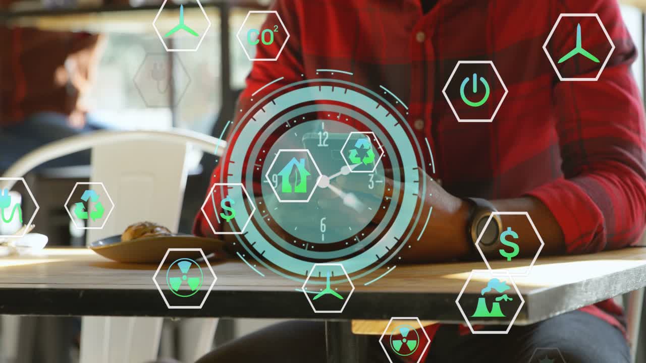 Man lifting phone, starting clock, rings and hex icons drifting outward, showing eco-finance data