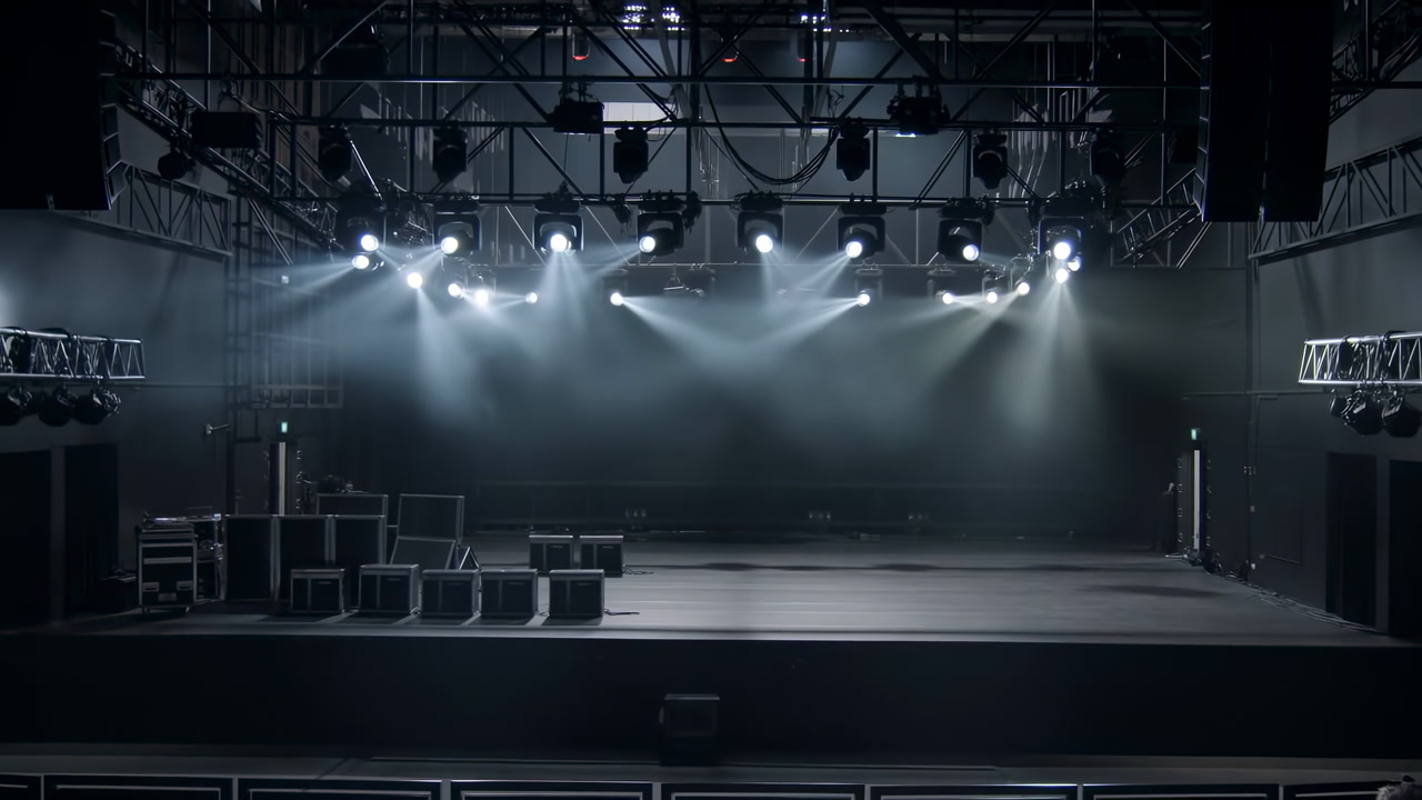 Empty Concert Stage With Dramatic Spotlights Cutting Through Haze, Overhead Truss And Speakers, Dark