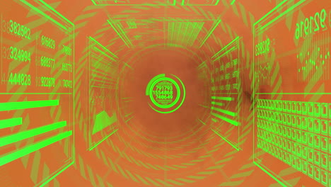 animation of data processing over shapes on orange background