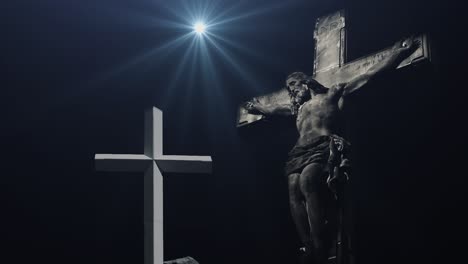 jesus on the cross and other crosses on the rocks silhouette, dark background