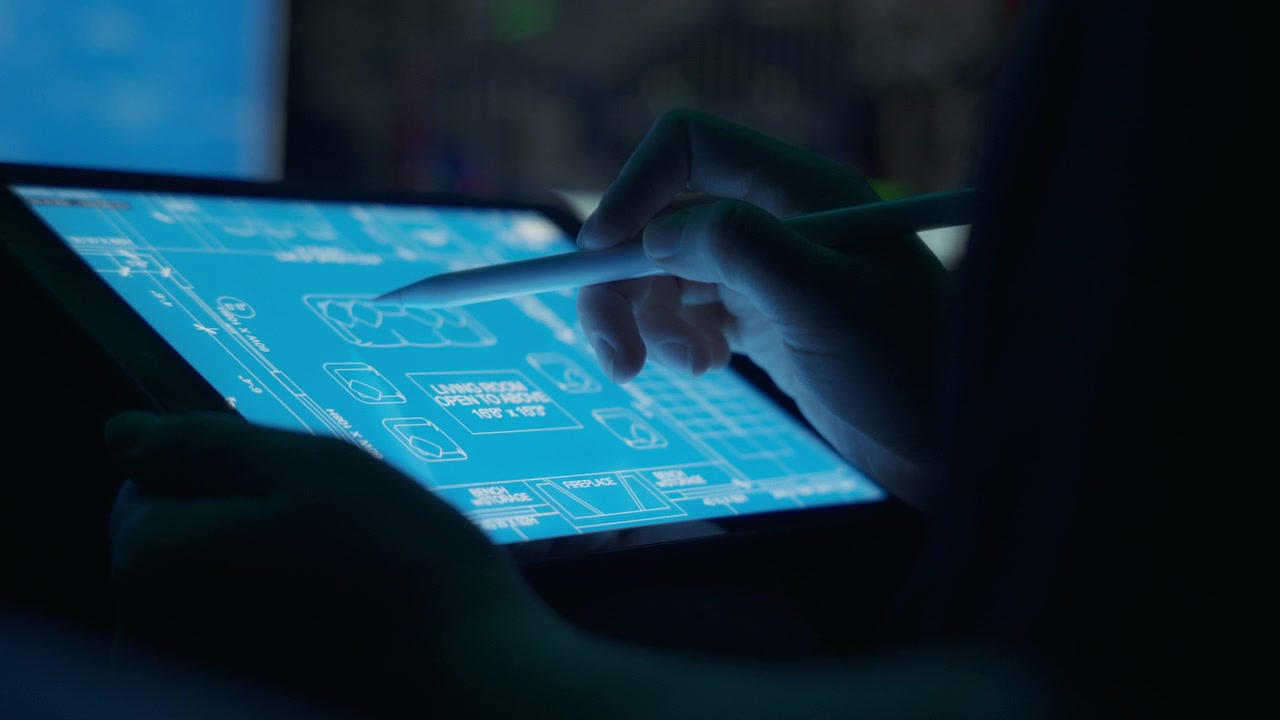 Architect uses a tablet to draw a floor plan of a residential house