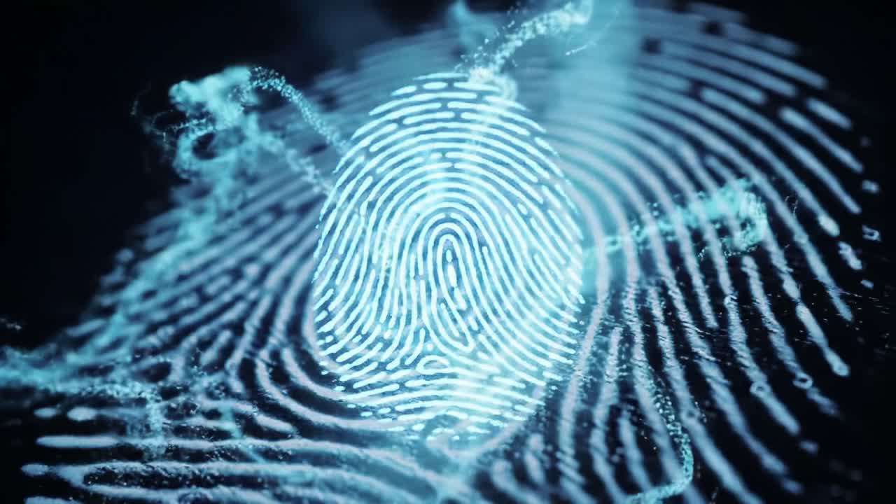A mesmerizing depiction of a digital fingerprint showcased against a backdrop of swirling patterns and binary code, symbolizing identity and data security in the cyber world