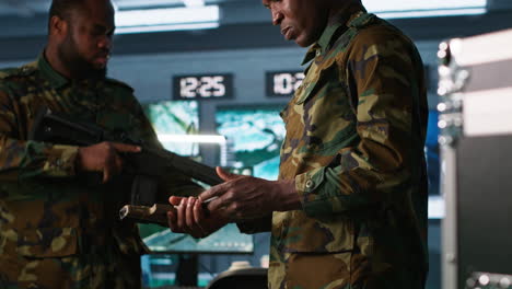 soldiers doing checkup on rifles and pistols in command post