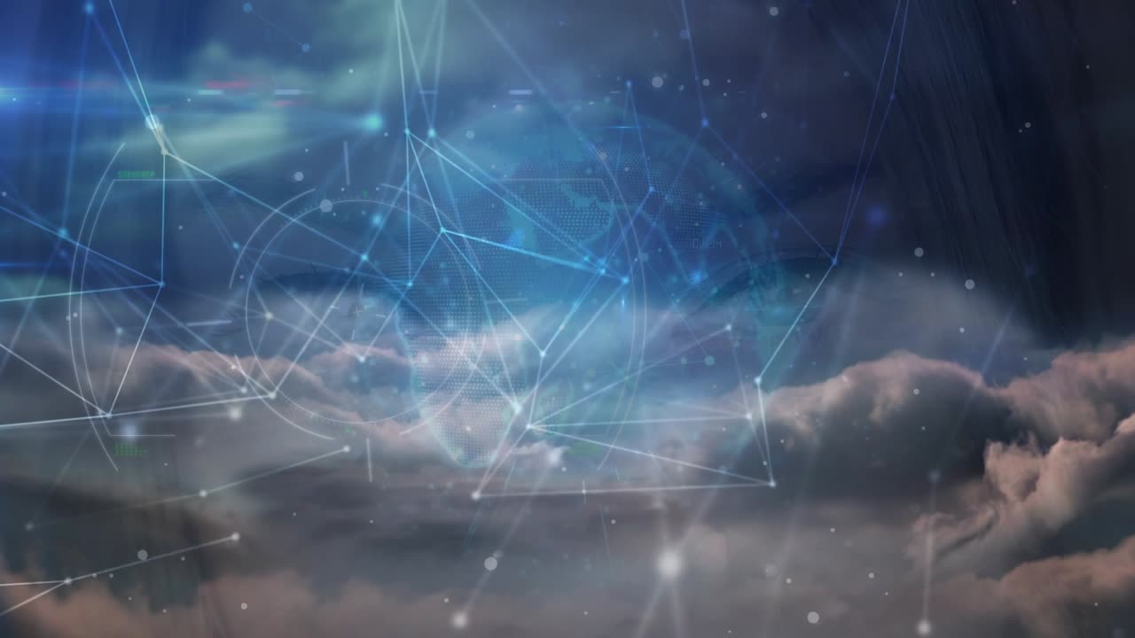 Animation of network of connections and globe over dark background