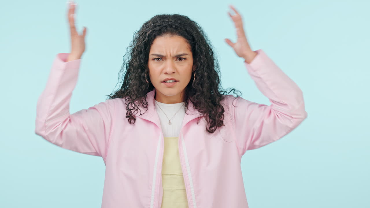 Stress, headache and face of woman in studio