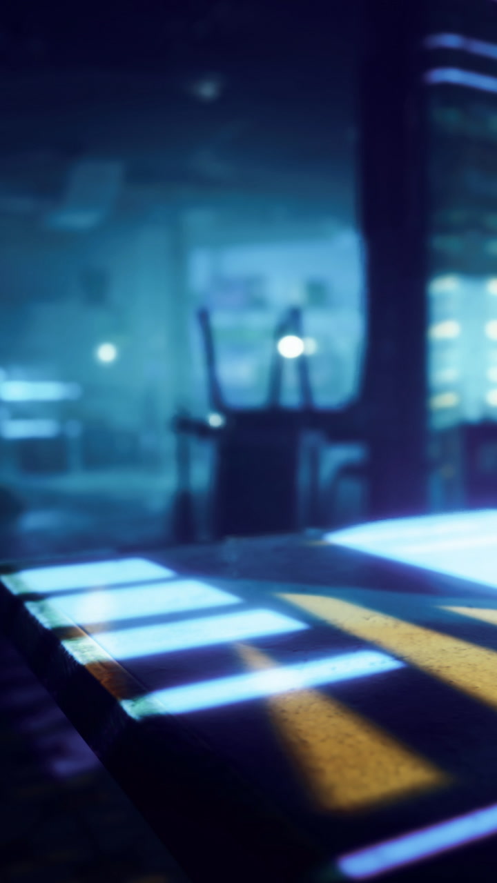 Bright colors and shadows play on table inside a dimly lit space at night