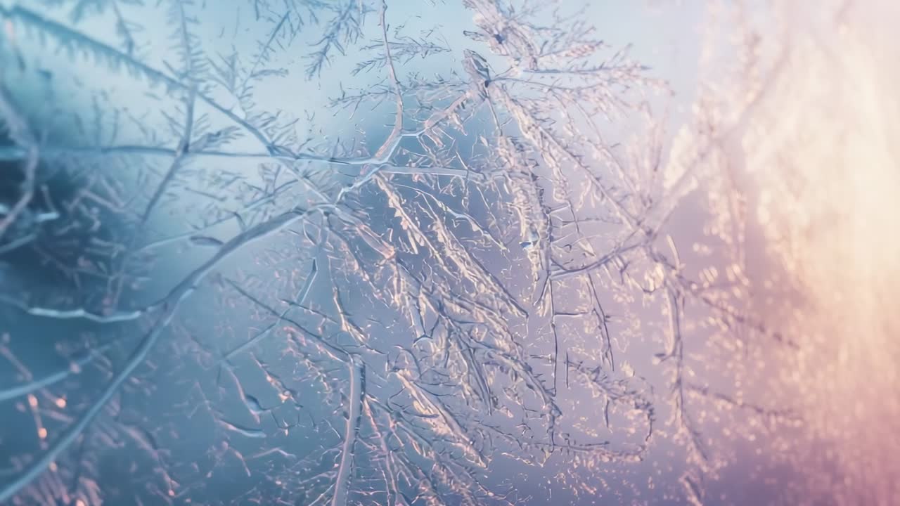 Receiving sunrise glow, frost crystal patterns expanding across cabin window pane, sparkle