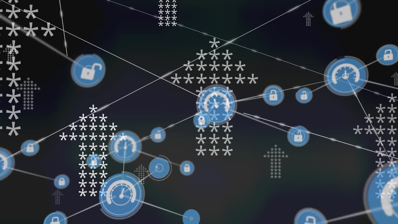 Animation of network of connections with padlock icons over arrows on black background