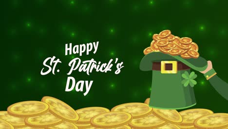 happy saint patricks day lettering with treasure coins in leprechaun tophat