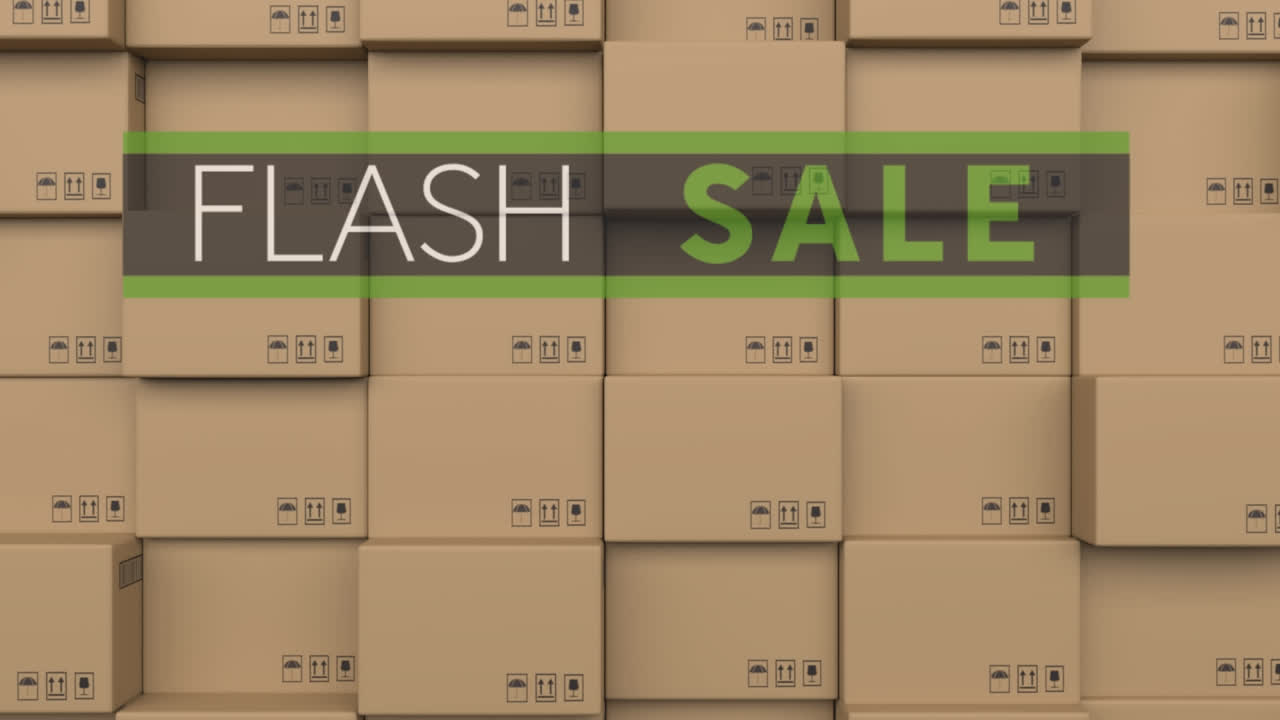 Animation of flash sale text over stack of cardboard boxes in warehouse