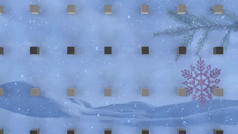 animation of rows of cubes pattern and christmas snow falling over winter scenery