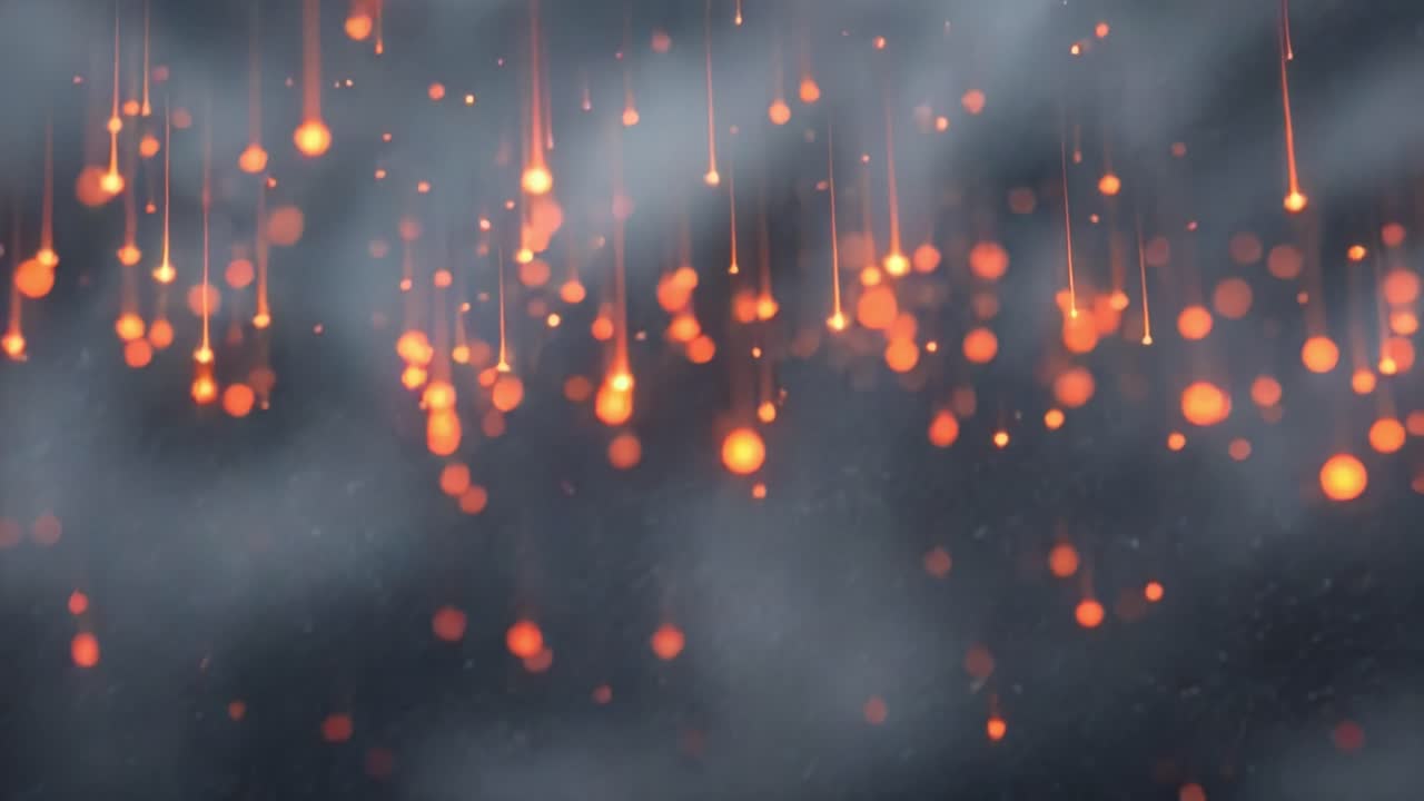 A mesmerizing visual display of glowing orange droplets cascading down from a dark smoky background, creating an enchanting atmosphere of warmth and intrigue in the space