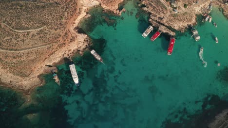 Aerial-overhead-drone-reveal-shot-of-several-boats-anchoring-in-Malta's-magnificient-Blue-Lagoon,-renowned-for-its-crystal-clear-waters