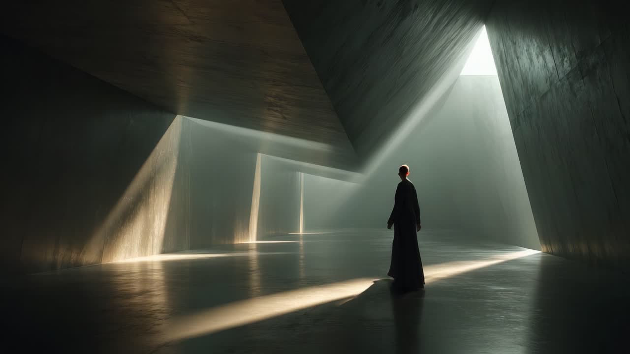 A Mysterious Figure in a Dramatic Architectural Space Illuminated by Striking Angular Light Rays Creating an Atmosphere of Intrigue and Depth