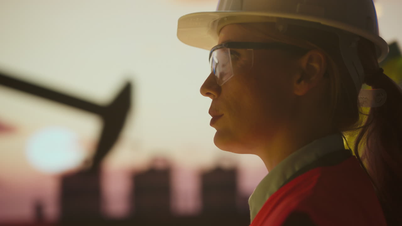 Construction Workers at an Industrial Site with Oil Rigs at Sunset