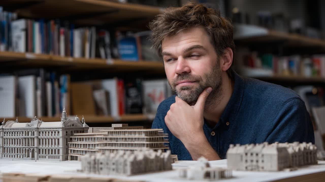 A Thoughtful Designer Contemplating Architectural Models in a Creative Workspace with a Background of Books and Design Materials