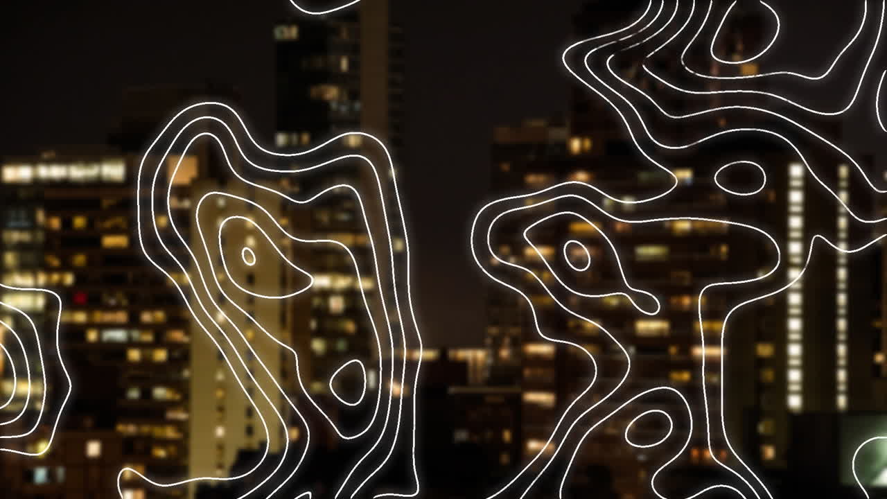 Animation of network of white lines over cityscape at night