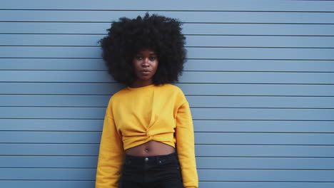 young black woman with afro turns and smiles to camera, crosses arms and looks away, close up