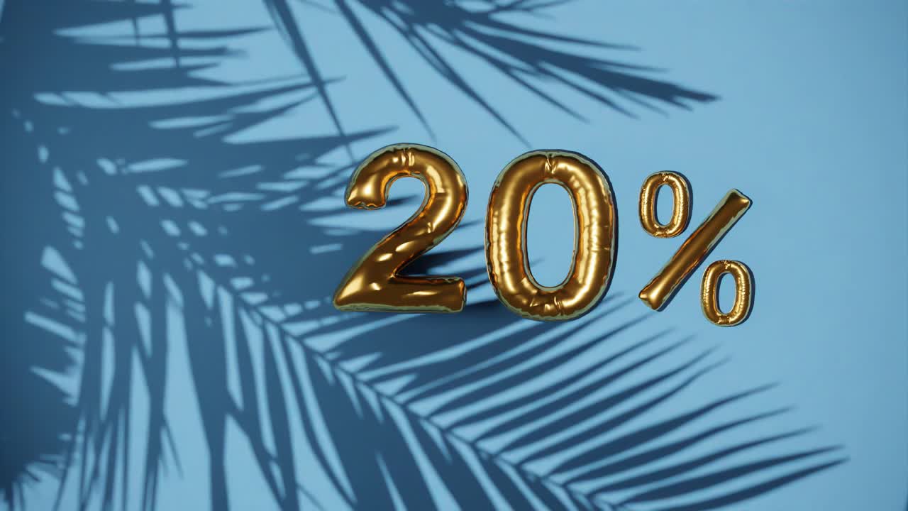 20% de descuento venta en fondo dorado con palma brisa suave, vacaciones verano venta concepto precio especial temporada de vacaciones