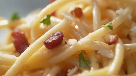 spaghetti carbonara - a mouthwatering traditional italian dish with pasta, pancetta, grated cheese, egg and parsley in macro