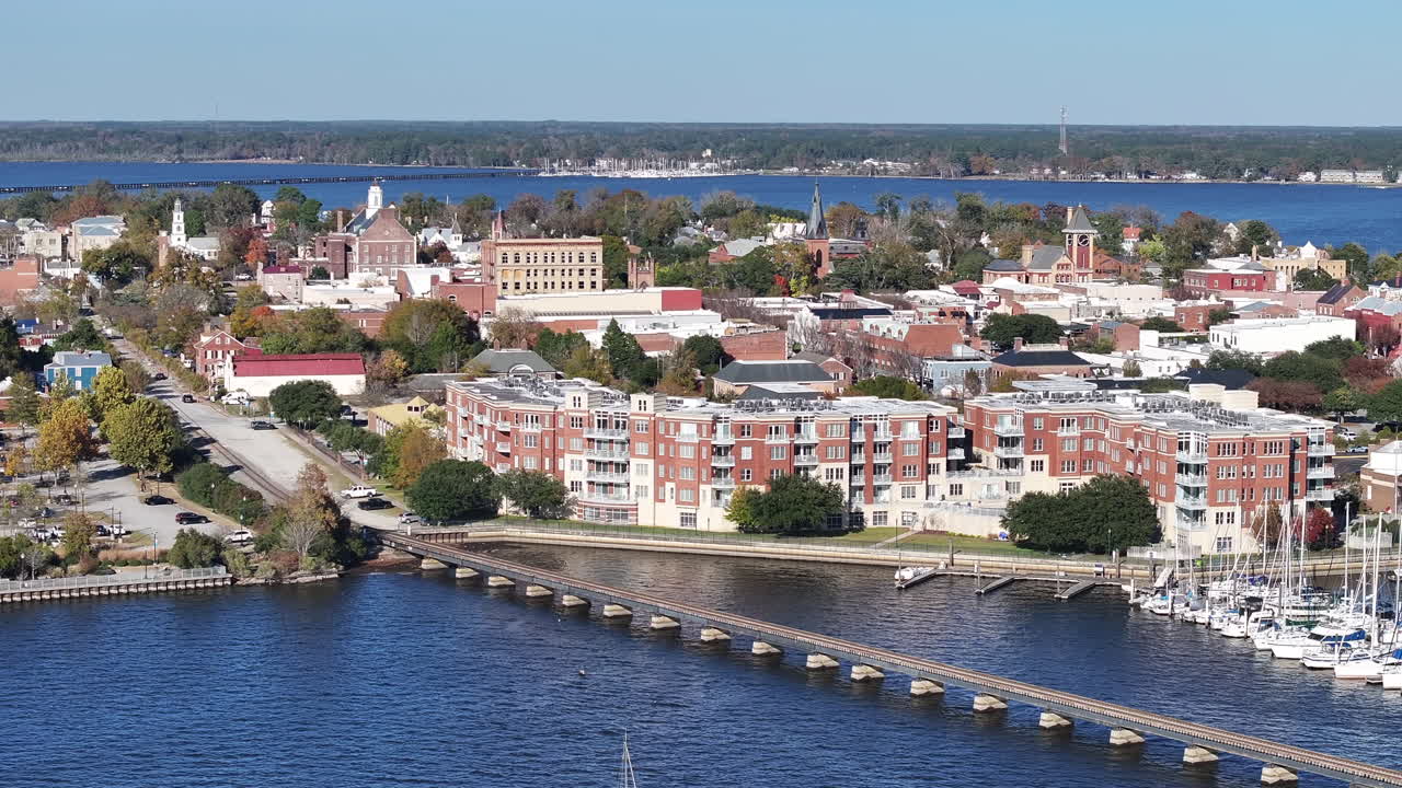 Drone footage of Downtown New Bern NC, with river and marina