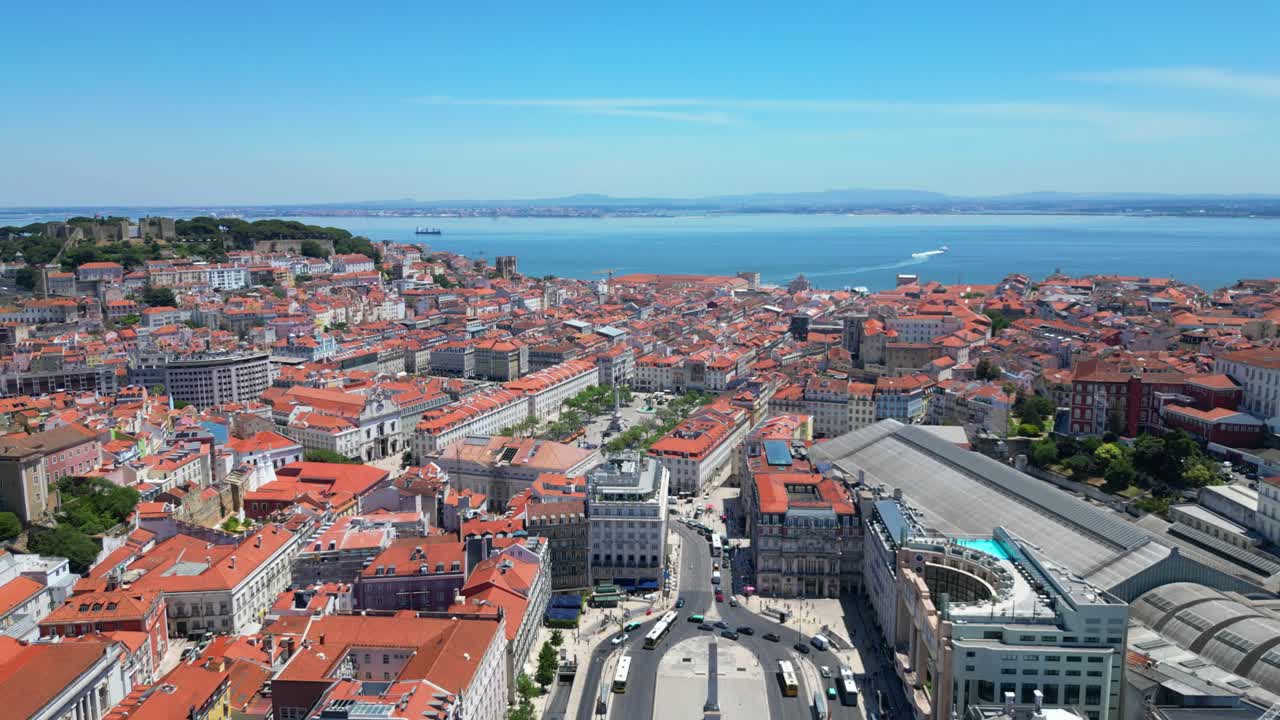 Aerial view from Lisbon cityscape with tejo river in background,Portugal