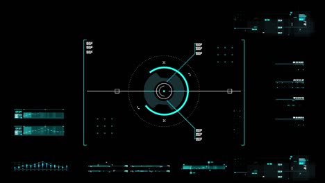 target pointer and futuristic user interface hud gui digital text number element for cyber technology concept with shallow depth of field dark and grain processed