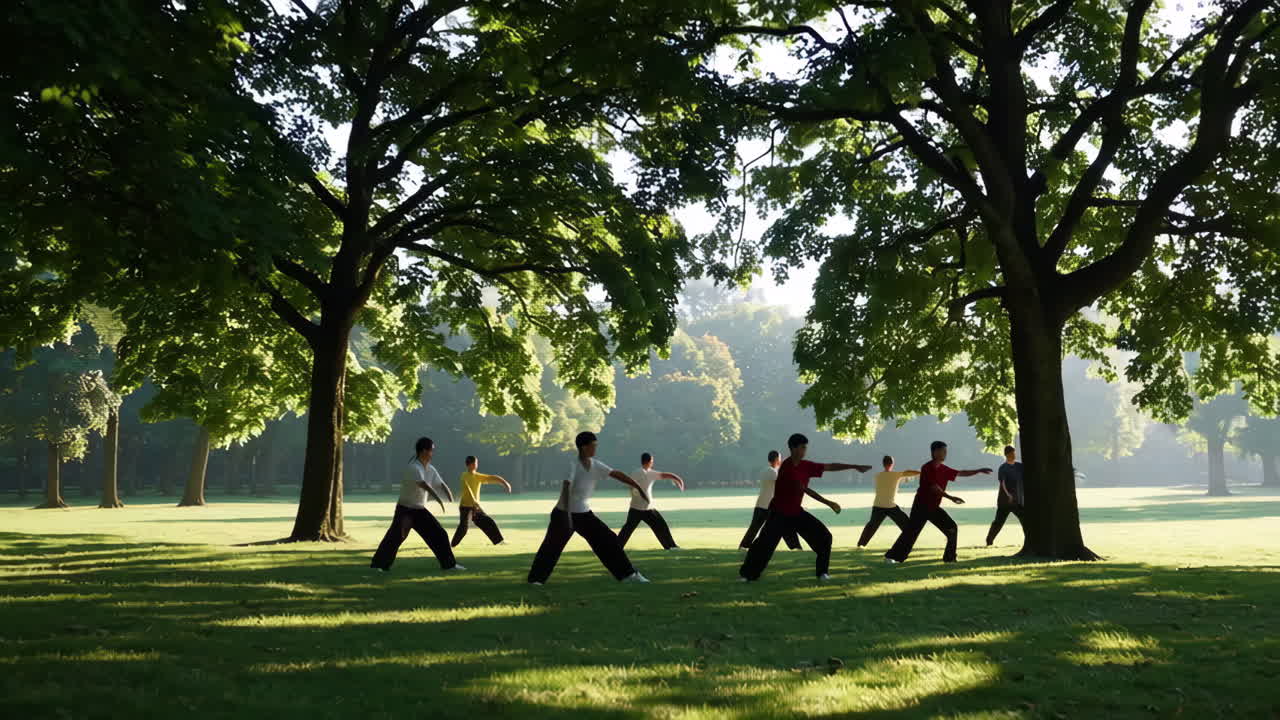 Group Practicing Tai Chi in a Serene Park