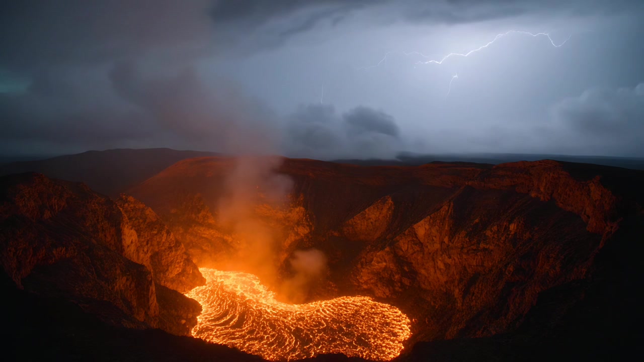 Glowing molten lava pool and steam plume reacting to lightning flashes under storm clouds at rim